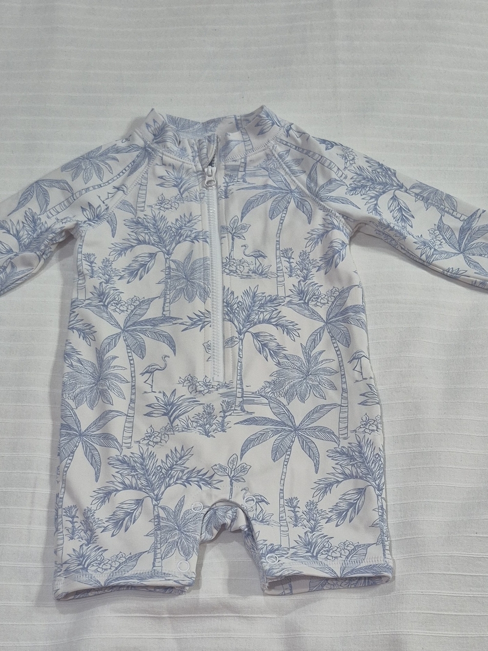Janie and Jack White Rashguard One-Piece with Light Blue Tropical Palm Print